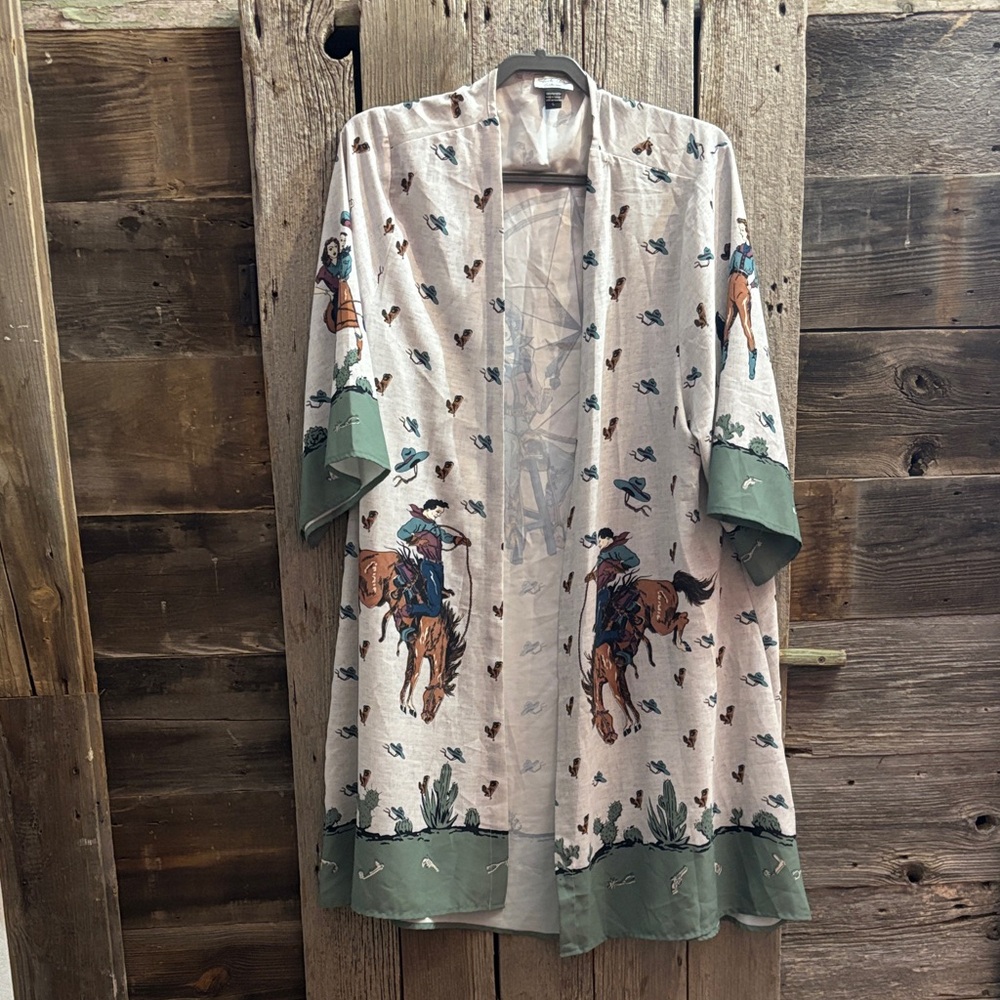 Tasha Polizzi Cream Duster with Sage Trim and Cowboy Print